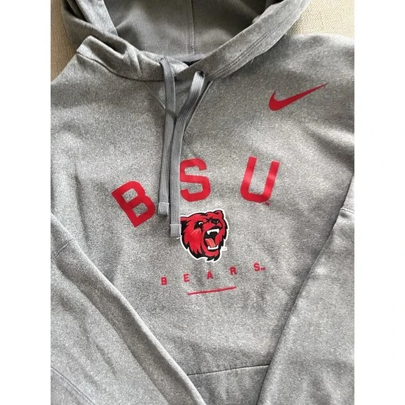 NIKE Dri-Fit BSU Bears Hoodie S Gray Red Fleece Graphic Athletic Gym Warm Sports - Picture 2 of 7